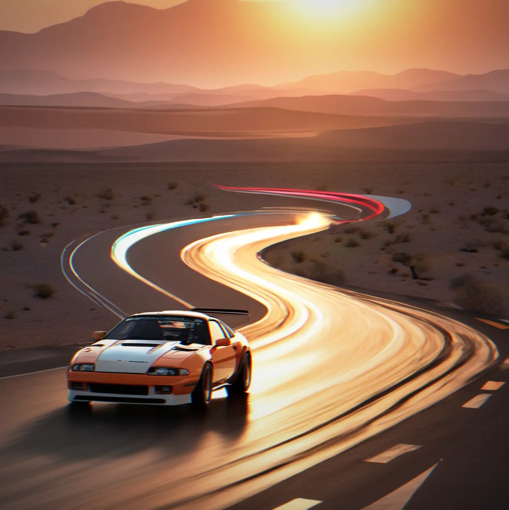Desert circuit showing extended straightaway with minimal barriers and wide-radius corner entry