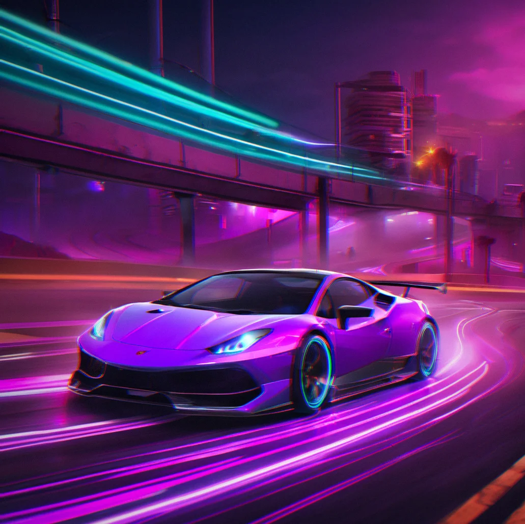 Neon-lit urban circuit at night with purple and cyan track lighting, mixed corner types visible