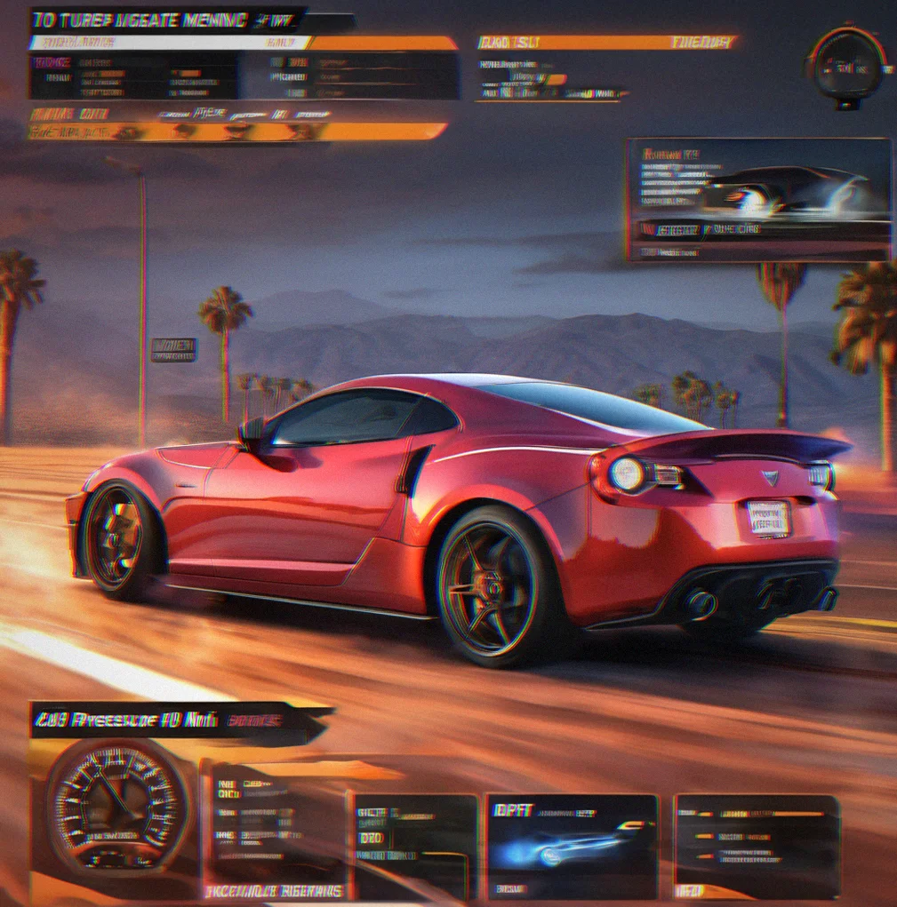 Engine upgrade menu displaying turbo pressure dial, intake flow slider, and exhaust tuning options