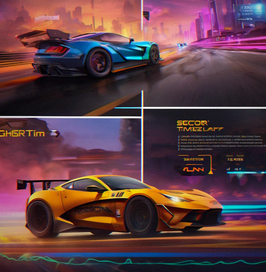 Leaderboard UI showing sector time splits, ghost replay comparison, and lap time delta visualization