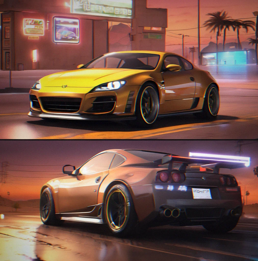 Garage UI with suspension stiffness slider, turbo boost pressure dial, and tire compound selector highlighted