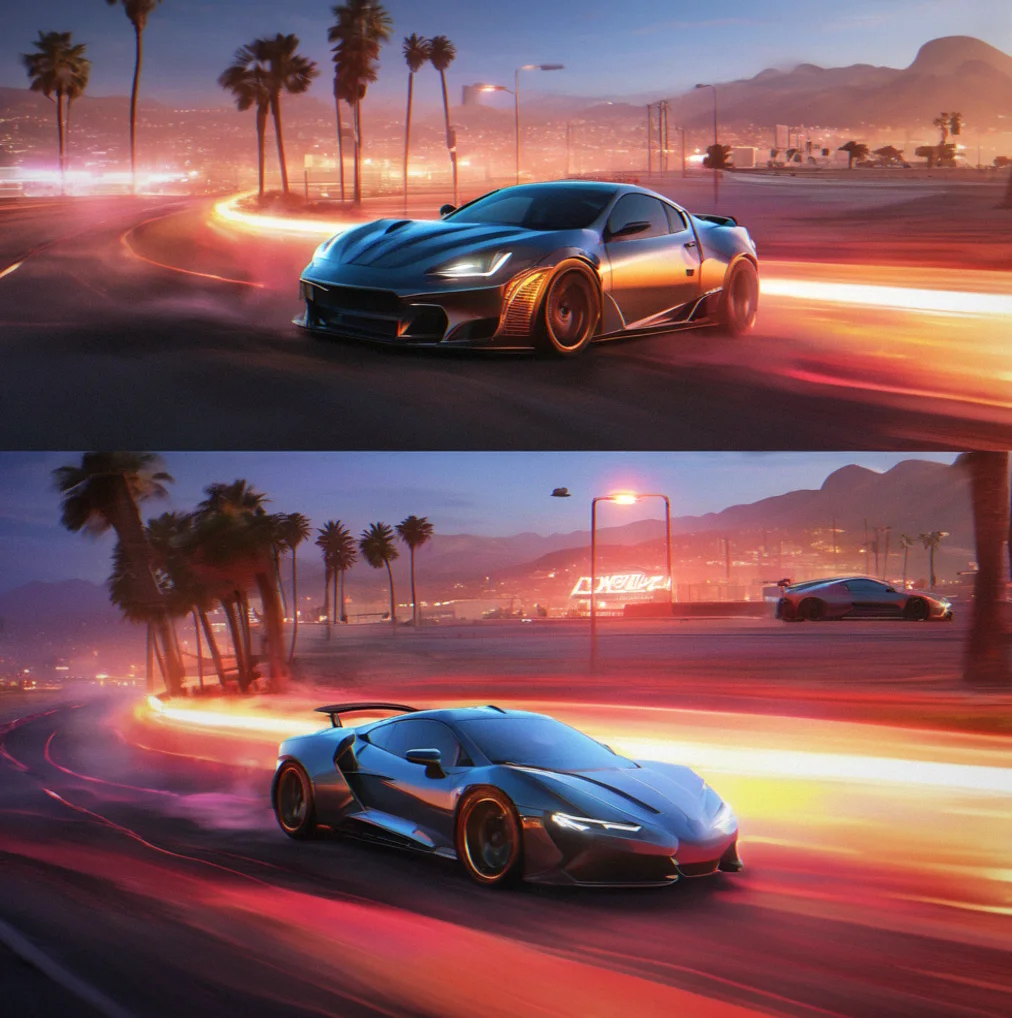 Split-screen showing Harbor District tight corner, Dust Flats wide straightaway, and Synth Loop neon curves