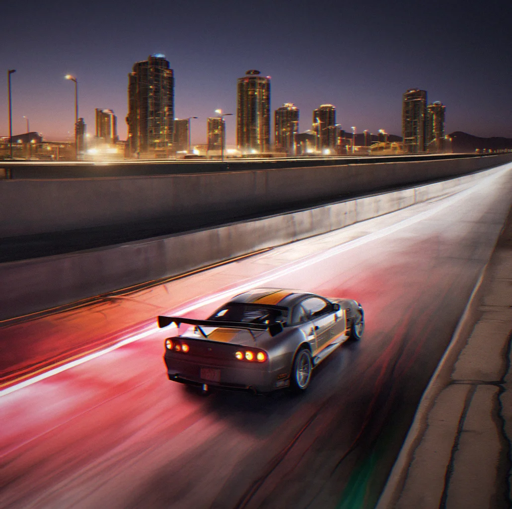 Harbor District street circuit with a sharp 90-degree corner between concrete walls, racing line marked on the asphalt