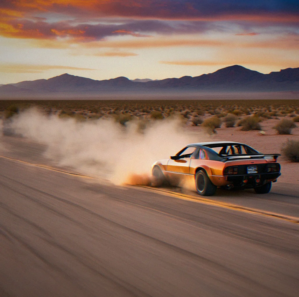 Dust Flats desert track stretching out with wide corners, dust clouds rising, almost no walls to hit