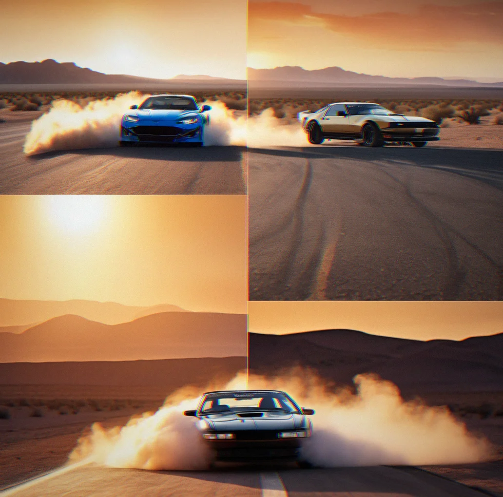 Long desert straightaway with dust clouds and wide open corners under bright sun