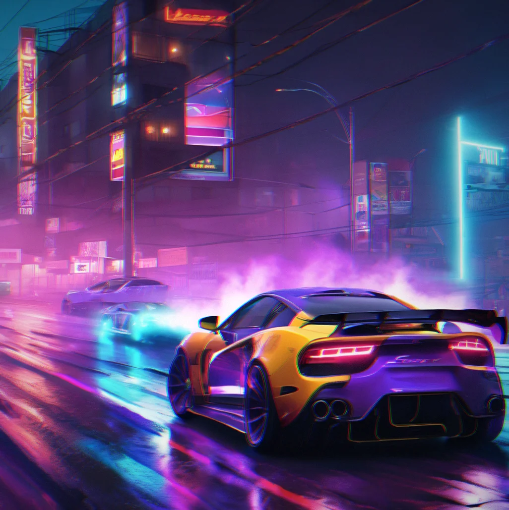 Neon-lit urban circuit at night with purple and cyan lighting reflecting off wet pavement